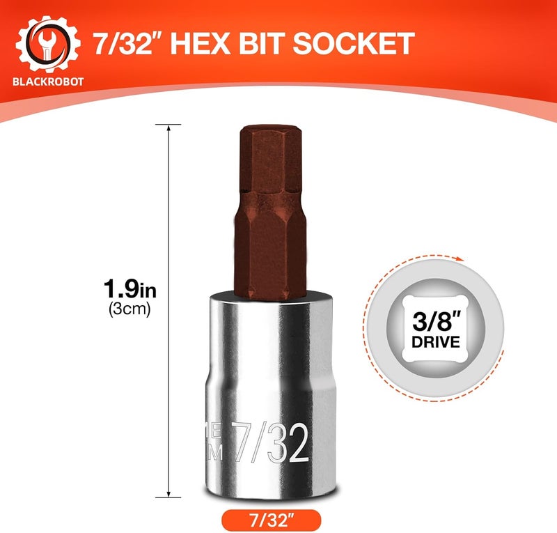 BLACKROBOT 7/32 inch Hex Bit Socket, 3/8 Inch Drive 7/32 Allen Key Socket, SAE, Full Polished, S2 Steel Head Made For Repairing - Image 1